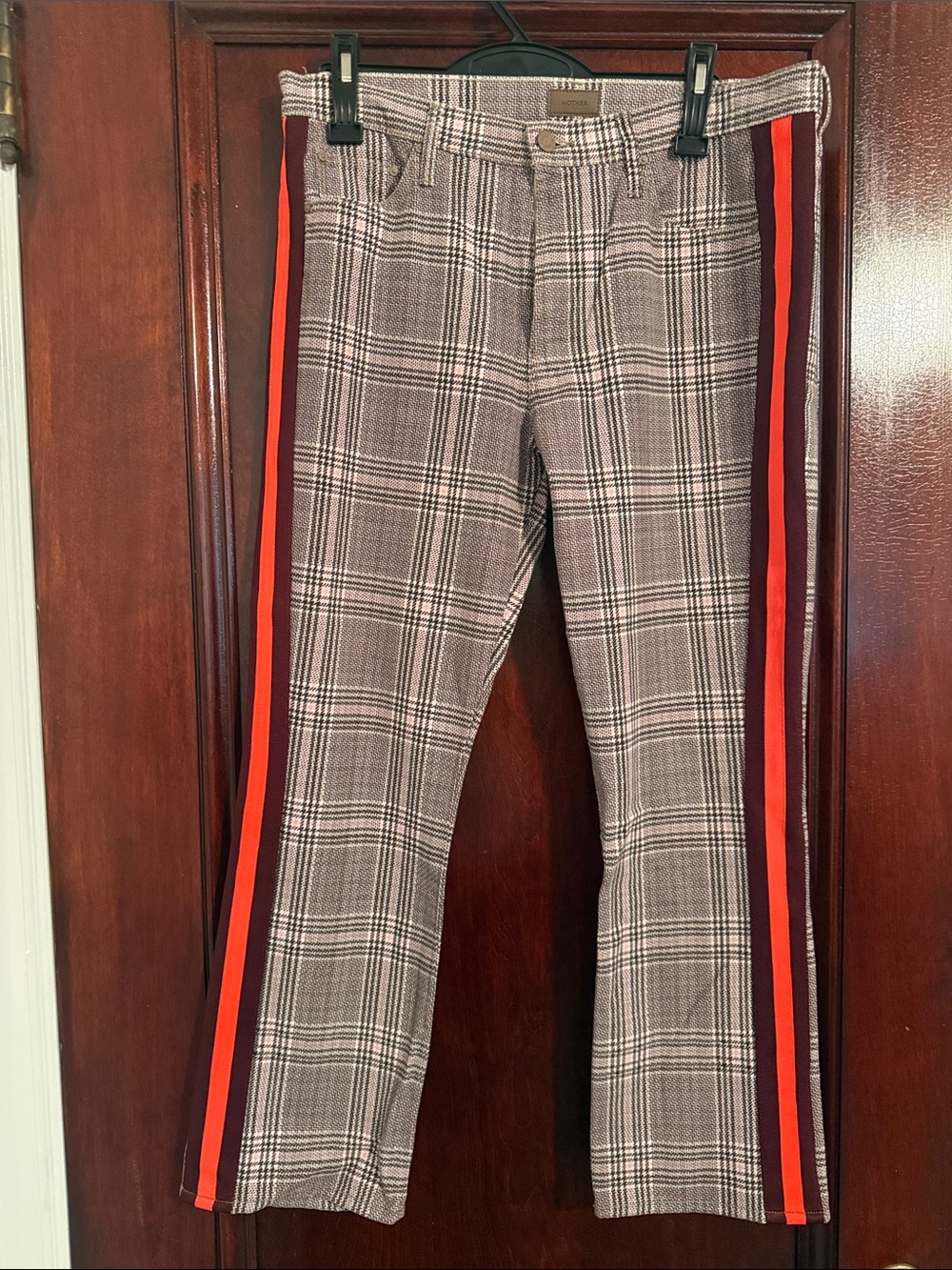 Plaid Side-Stripe Jeans in Brown and Pink with Maroon & Orange Stripes